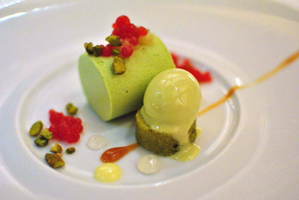 Pistachio mousse, vanilla cream, lemon raspberry pearls, pistachio ice ...